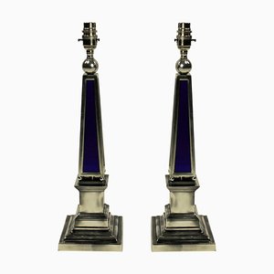 Vintage Blue Glass Obelisk Table Lamps, Set of 2