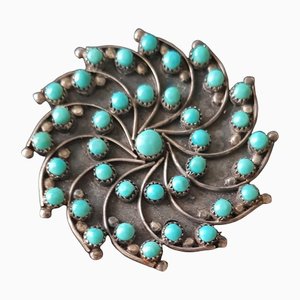 Petit Mid-Century Turquoise and Silver Zuni Point Sun Wheel Brooch and Pendant