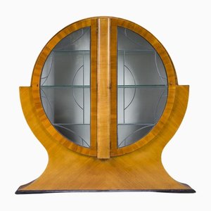 English Art Deco Circular Round Display Cabinet or Vitrine in Walnut, 1930s