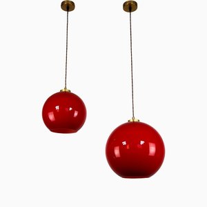 Lampade a sospensione vintage in vetro rosso, set di 2