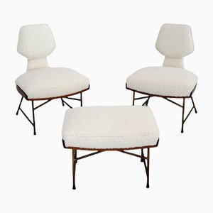 Mid-Century Italian Wood & Bouclé Slipper Chairs & Footstool, 1950, Set of 3