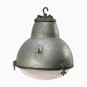 Vintage French Industrial Round Gray Mercury Glass Pendant Light