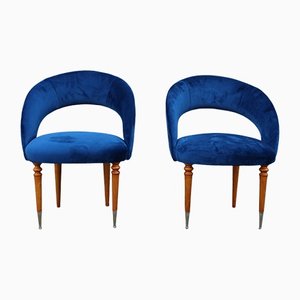 Italian Blue Cobalt Velvet, Maple & Brass Bedroom Chairs, 1950s, Set of 2