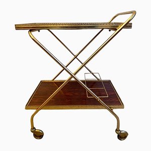 Golden Tea Cart or Serving Trolley with Mahogany Trays, 1970s