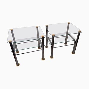 Italian Hollywood Regency Style Brass and Glass Side Tables with Shelves by Milo Baughman, 1980s, Set of 2