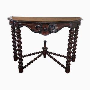 French Console Table in Carved Oak with Beveled Top & Barley Twist Legs