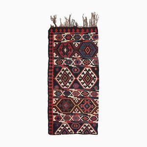 Geometric Dark Blue Kilim Runner with Field Pattern and Border