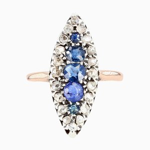 Antique 18 Karat Yellow Gold Marquise Ring with Sapphires and Diamonds