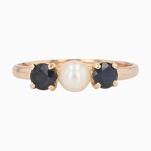 18 Karat Rose Gold Ring with Sapphires and Cultured Pearl, 1960s