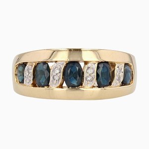 Modern French 18 Karat Yellow Gold Band Ring with Sapphires and Diamonds