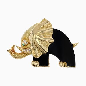 French 18 Karat Yellow Gold Elephant Brooch with Onyx Emerald and Diamond, 1960s