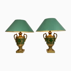 Vintage Classic Baroque-Style Painted Ceramic Urn Table Lamps, Set of 2