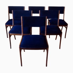 Danish Blue Velvet & Solid Rosewood Dining Chairs by Ole Wanscher, 1960s, Set of 6