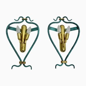 Mid-Century Modern Vintage Brass Teal Italian Sconces 1960s, Set of 2