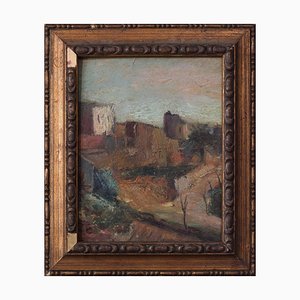 Paisaje de pueblo posimpresionista, siglo XX, óleo sobre cartón, enmarcado
