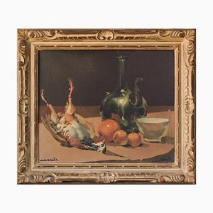 Bodegón con jarra y naranjas, siglo XX, óleo sobre lienzo, enmarcado