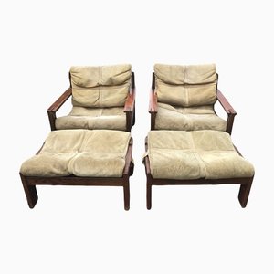 Wood & Leather Armchairs With Pouf, Set of 4