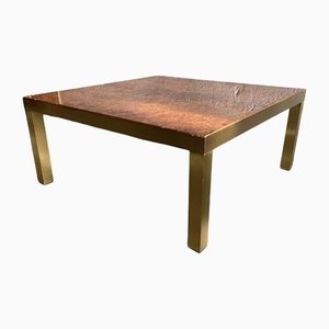 Mid-Century Modern Italian Coffee Table with Brass Finish, Lacquered Metal Base and Shiny Briar-Root Top