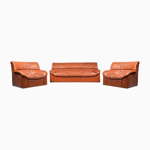 Vintage Leather Armchairs & Sofa, 1970s, Set of 3