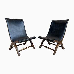 Mid-Century Modern Spanish Black Leather Slipper Chairs by Pierre Lottier for Valenti, 1940s, Set of 2