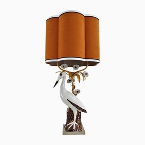 Mid-Century French Table Lamp with Porcelain Crane or Heron and Flowers, 1970s