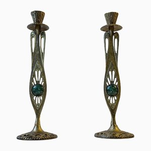 Vintage Israelian Holyland Brass Candlesticks with Green Eliats from Tamar, 1970s, Set of 2
