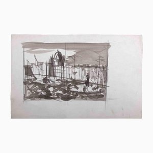 Croquis d'une ville, dessin original, milieu du 20ème siècle