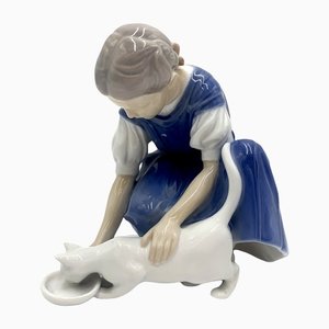 Porcelain Figurine of a Woman With Cat from Bing & Grondahl, Denmark, 1950-60s