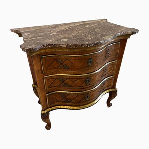 Antique 18th Century Marquetry Inlaid Serpentine Shaped Marble Top Commode Chest