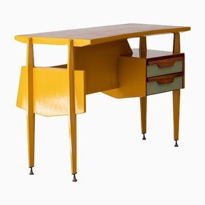 Italian Wooden Desk Table with Brass Details, 1950s