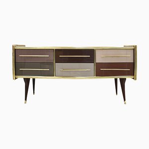 Credenza Mid-Century in legno massello e vetro colorato, Italia