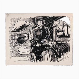 Norbert Meyre, Bike Woman, Original Drawing, Mid-20th-Century