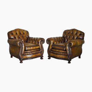 Antique Chippendale Style Chesterfield Brown Leather Armchairs, Set of 2