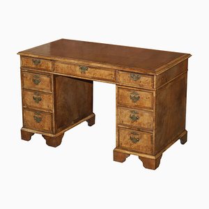 Original Victorian Burr Walnut & Brown Leather Twin Pedestal Desk