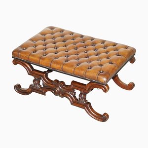 Banc ou Tabouret Chesterfield William IV en Bois Dur et Cuir Marron, 1830s