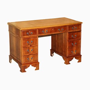 Walnut Twin Pedestal Partner Desk with Tan Brown Leather Top & Panelled Back
