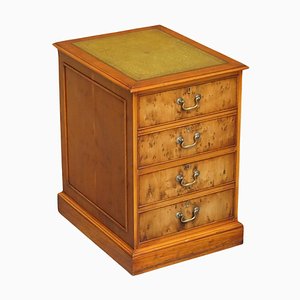 Burr Yew Wood Office Filing Cabinet with Green Leather Top