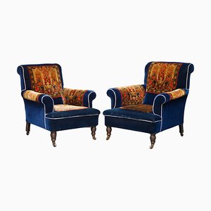 Victorian Napoleonic Armchairs with Blue Turkey Work Kilim Rug Upholstery, Set of 2