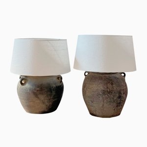 Vintage Pot Lampen mit Leinenschirm, 2er Set
