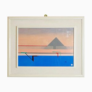 Italian Modern Painting with Geometric Representation, 1988, Oil on Wood, Framed