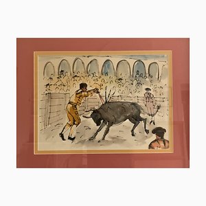 Bullfight, 1954, Watercolor and Ink, Framed