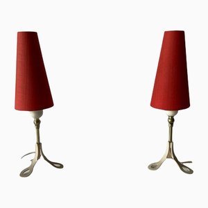 Mid-Century German Red Fabric Shade & White Metal Tripod Bedside Lamps, 1950s