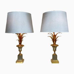 Mid-Century Ormolu Palm Leaves Table Lamps from Maison Charles, Set of 2