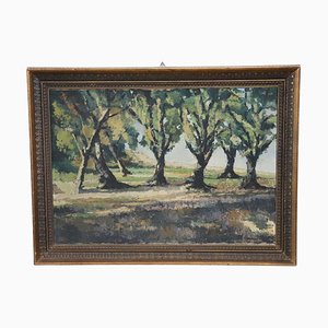 Pintura de paisaje arbolada italiana, años 20, óleo sobre lienzo, enmarcado