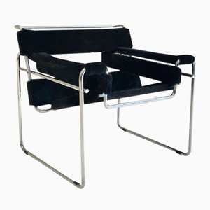 Schwarzer Wassily B3 Stil Stuhl aus Schafsfell von Marcel Breuer