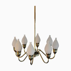 Eight-Arm Brass and Opaline Glass Chandelier from Fog & Mørup