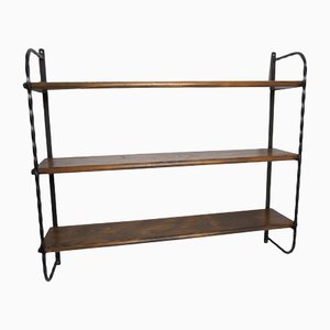 3 Black and Brown Solid Wood Trays String Wall Shelf, 1960s