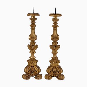 Carved & Gilded Wood Candle Holders, Set of 2