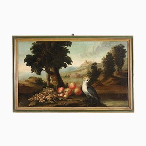 Landschaft mit Obst und Vögeln, Öl auf Leinwand, gerahmt