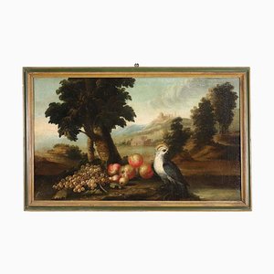 Paisaje con frutas y pájaros, óleo sobre lienzo, enmarcado